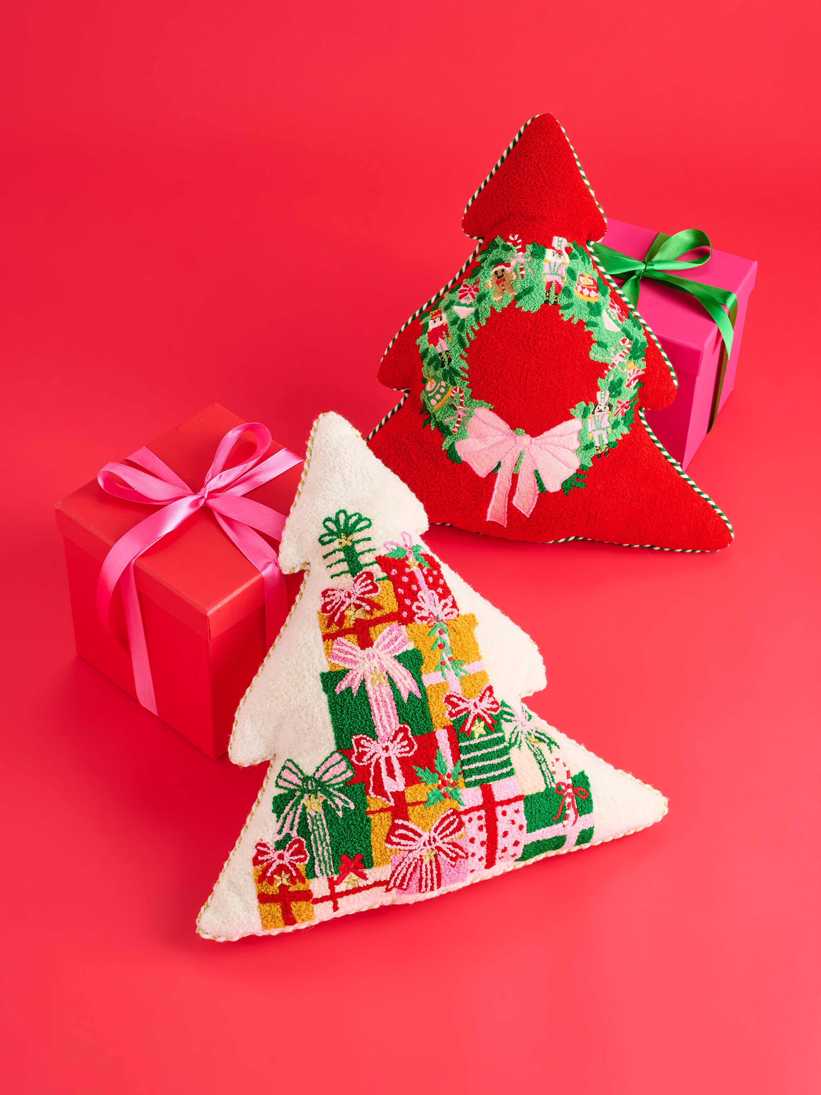 Shiraleah Merry Gifts Tree Shaped Pillow, Ivory