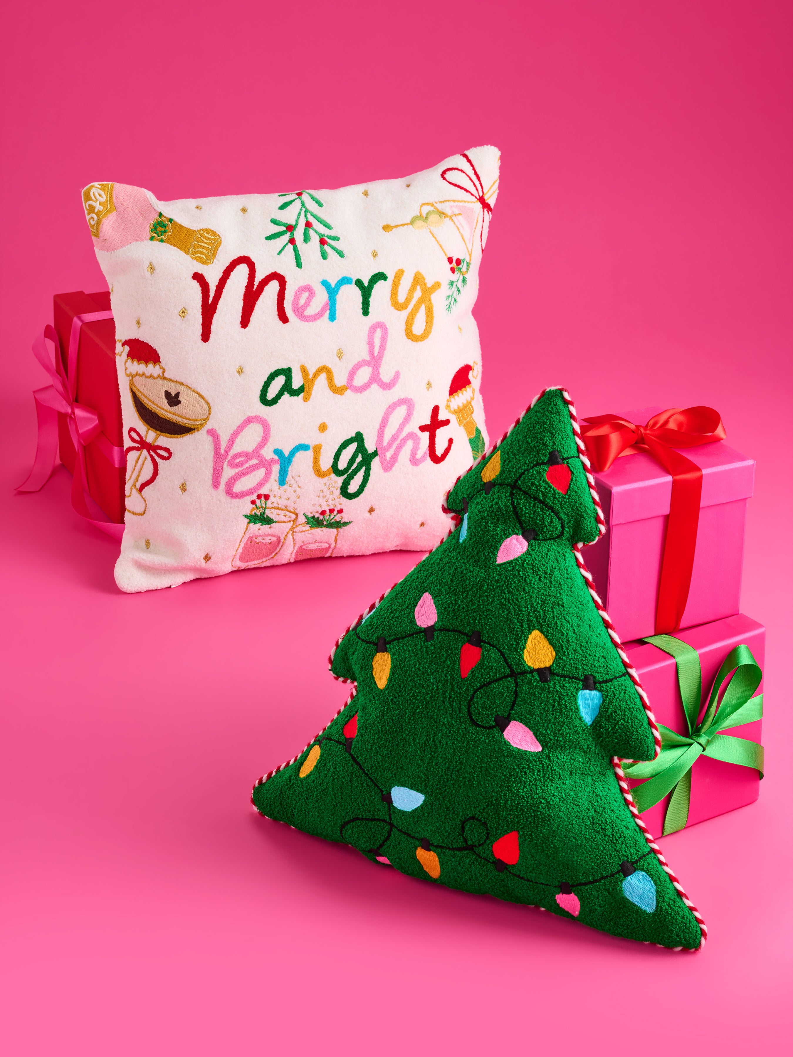 Shiraleah Merry Lights Tree Shaped Pillow, Green